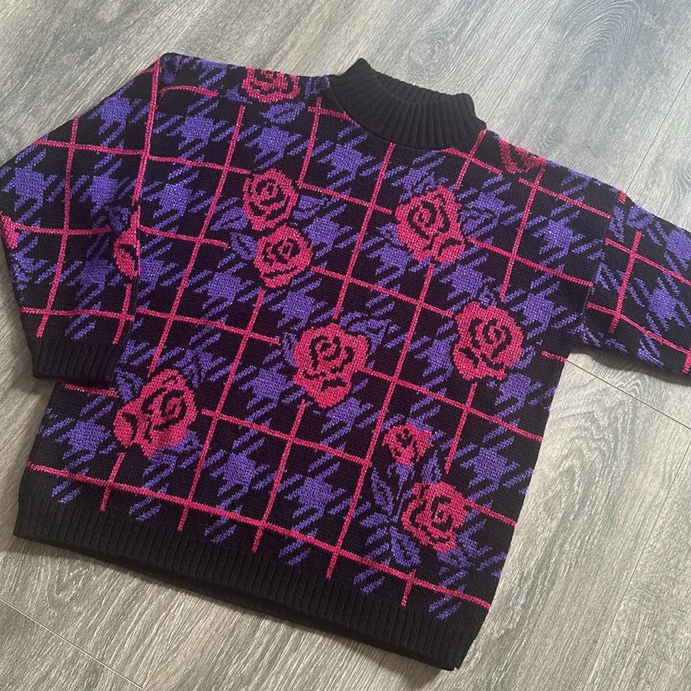 Vintage Beverly Goldberg sweater Black and Purple Rose Pattern Sweater sparkly
